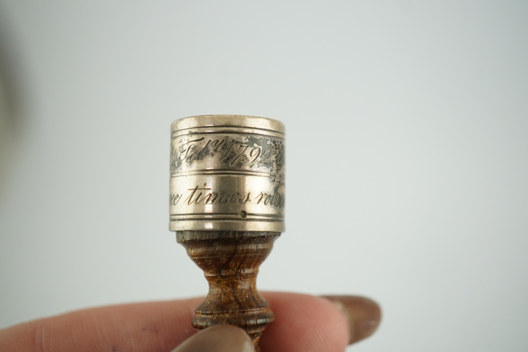 Australian Interest - an antique silver mounted treen miniature tipstaff inscribed 'William Raven, Commander Ship Britannia, From Feby 1792 to June 1797 - Three Times Round the World'. 6cm high. Condition - good